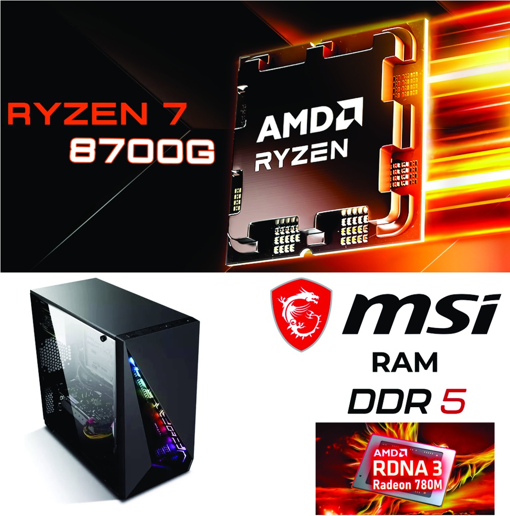 PC COMPUTADORA AM5 RYZEN 7 8700G 5.1GHZ 8VA GENERACION PREMIUM / 16GB DDR5 4800MHZ/ DISCO SOLIDO SSD 480GB / AMD RADEON 780M / MOTHER A620 / GABINETE GAMER C/COOLER