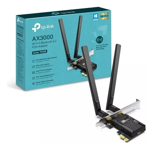 PLACA RED INALAMBRICA WIFI Y BLUETOOTH DUAL BANDA PCI-E TP-LINK USB ARCHER TX55E AX3000 / 2 ANTENAS / WIFI6 / BLUETOOTH 5.2